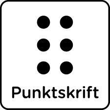 Sex stycken svarta punkter och texten Punktskrift.