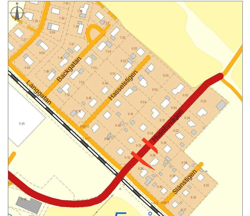 Baskarta över Husebyvägen där delar av vägen är avstängd